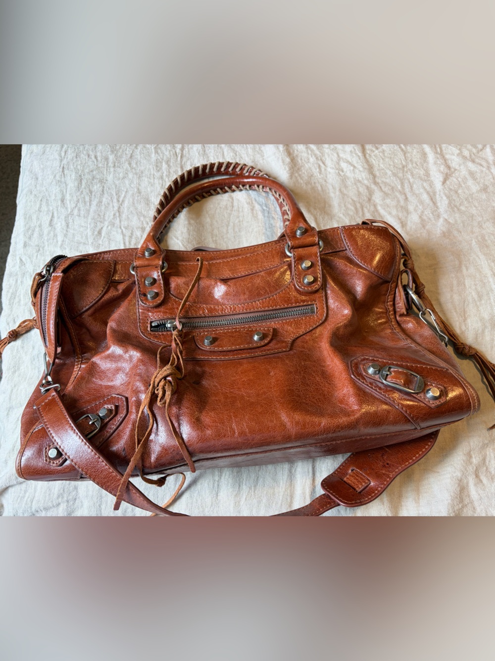 Balenciaga city bag Brown Leather Messenger Bag with Silver Hardware